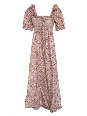Hill House Home Nap Dress XS Red Floral Smocked Puff Sleeve Lace Trim